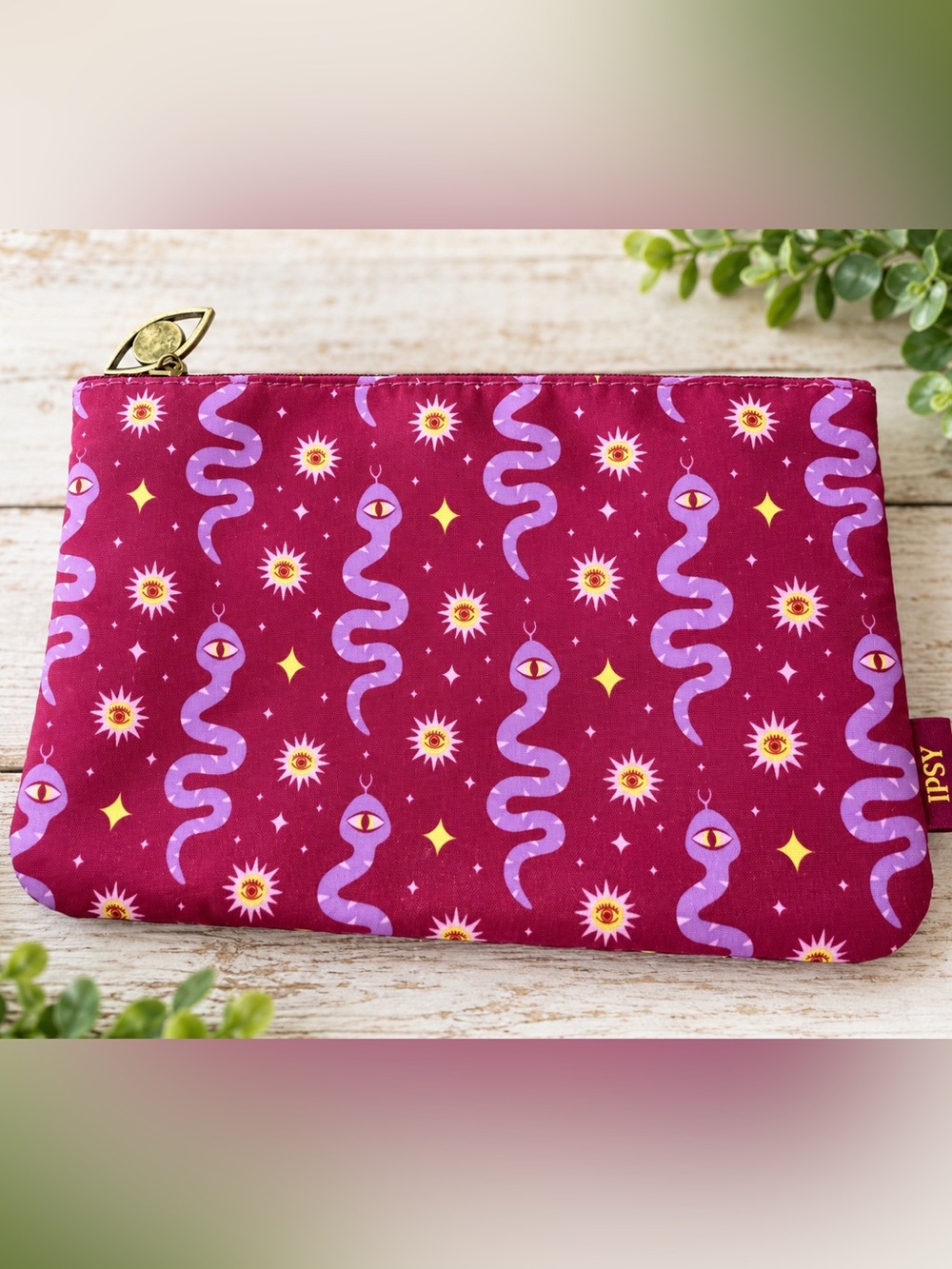 ipsy Magenta Snake & Star Zip Cosmetic Pouch
